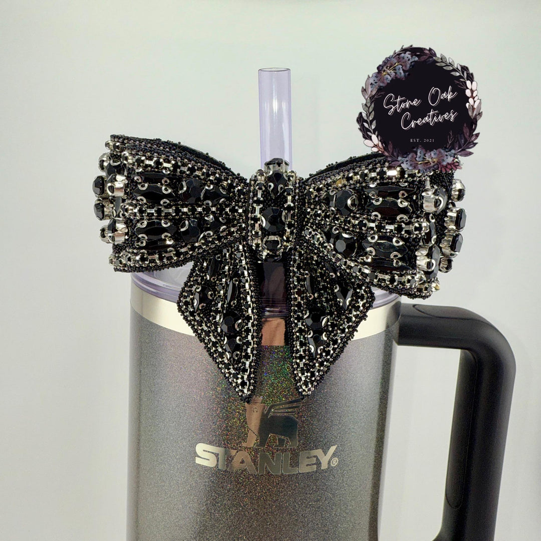 Elegant Black Coquette Crystal Bow Straw Topper for Tumblers, Fits snugly on 9.5 mm straws