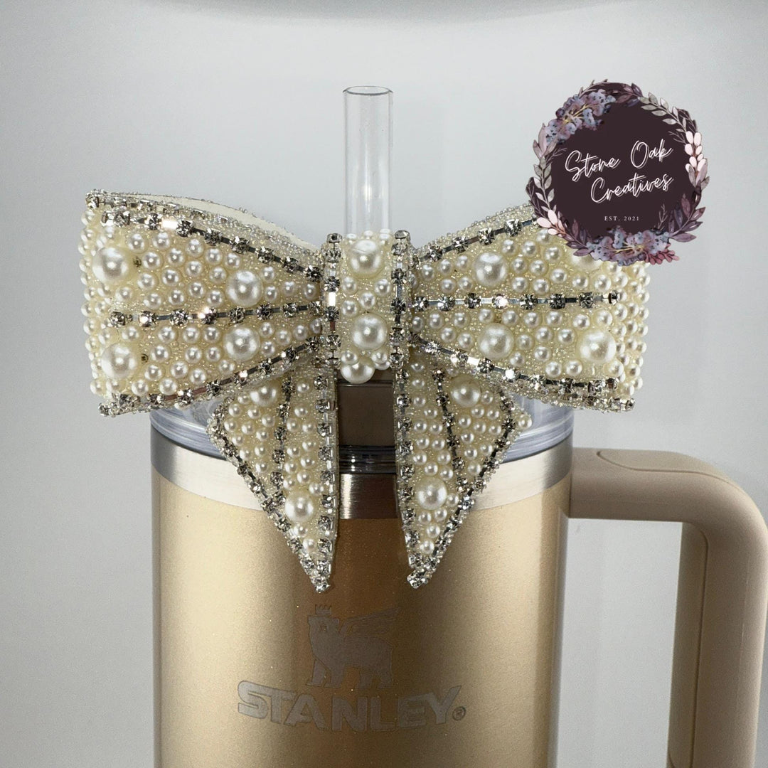 Elegant Pearl White Coquette Rhinestone Bow Straw Topper for Tumblers, Fits snugly on 9.5 mm straws