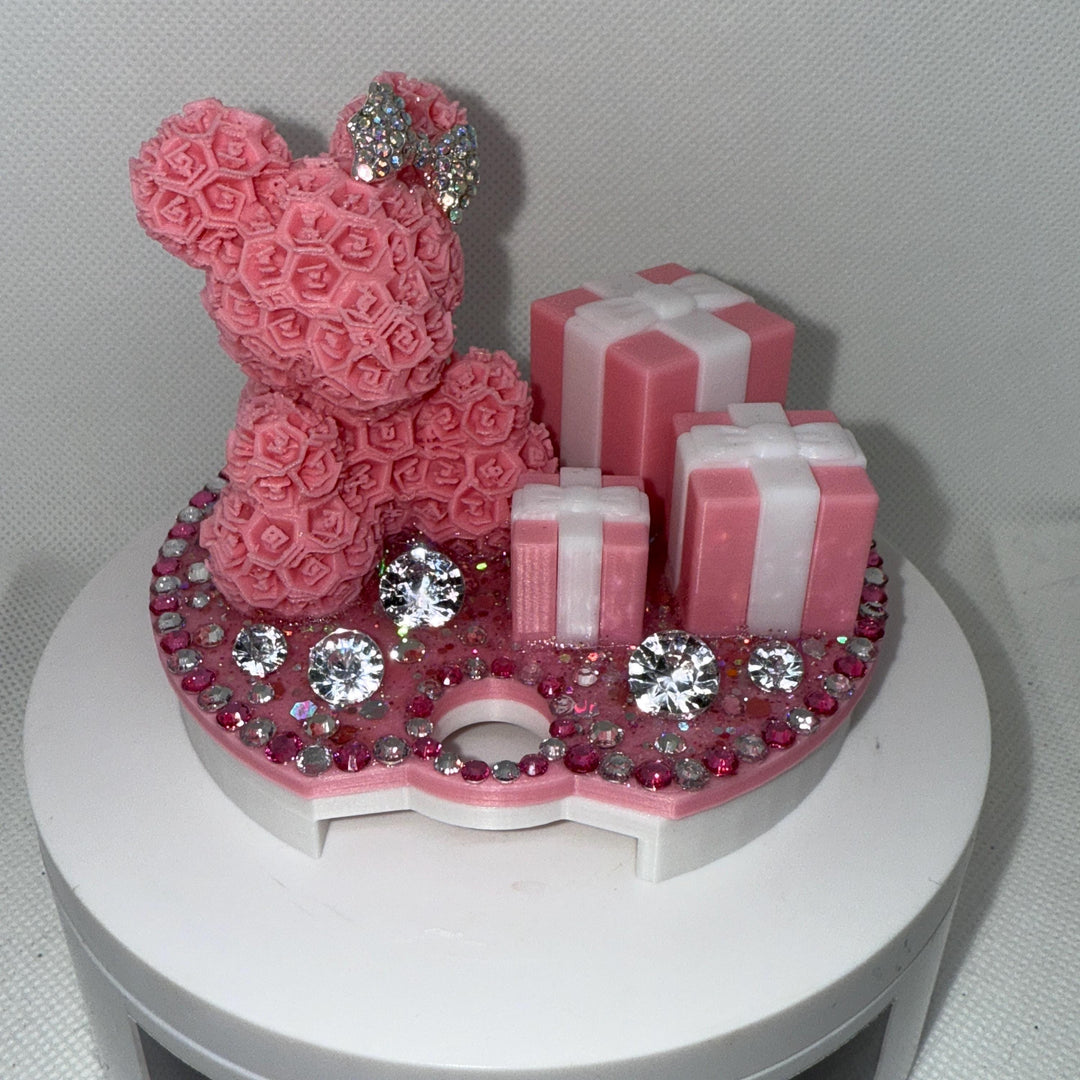 Pink White Rose Bear and Gift Boxes Rhinestone Tumbler Topper fits Stanley Lids