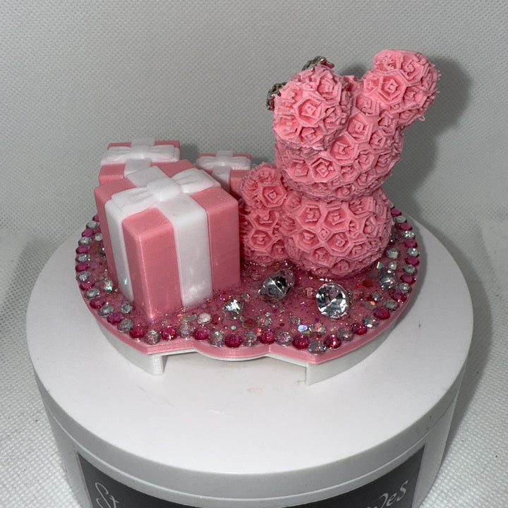Pink White Rose Bear and Gift Boxes Rhinestone Tumbler Topper fits Stanley Lids