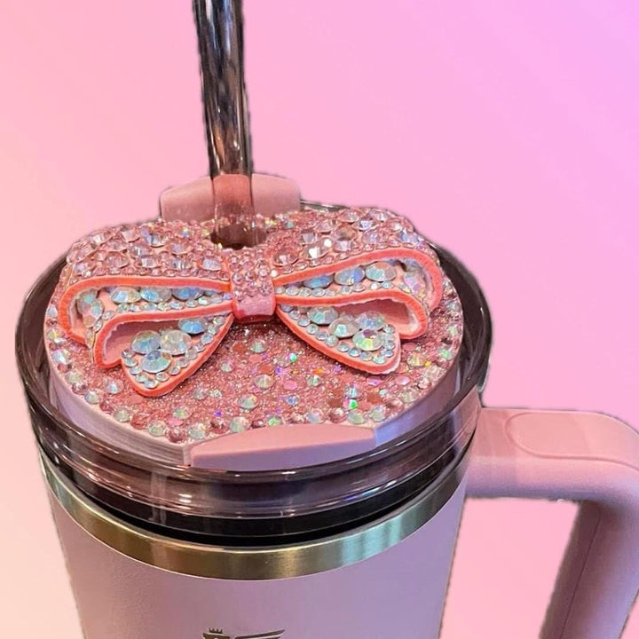 Fancy Pink Rhinestone Bow tumbler topper, fits Stanley lids, Rhinestones, decorative lid, unique gift, Hot Seller