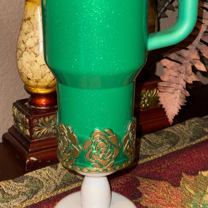Gold Green Detailed Rose Tumbler Boot, Tumbler Boot Sleeve, Princess Rose, Fit's Stanley Tumblers, Protective Sleeve, St Patrick’s Pearl
