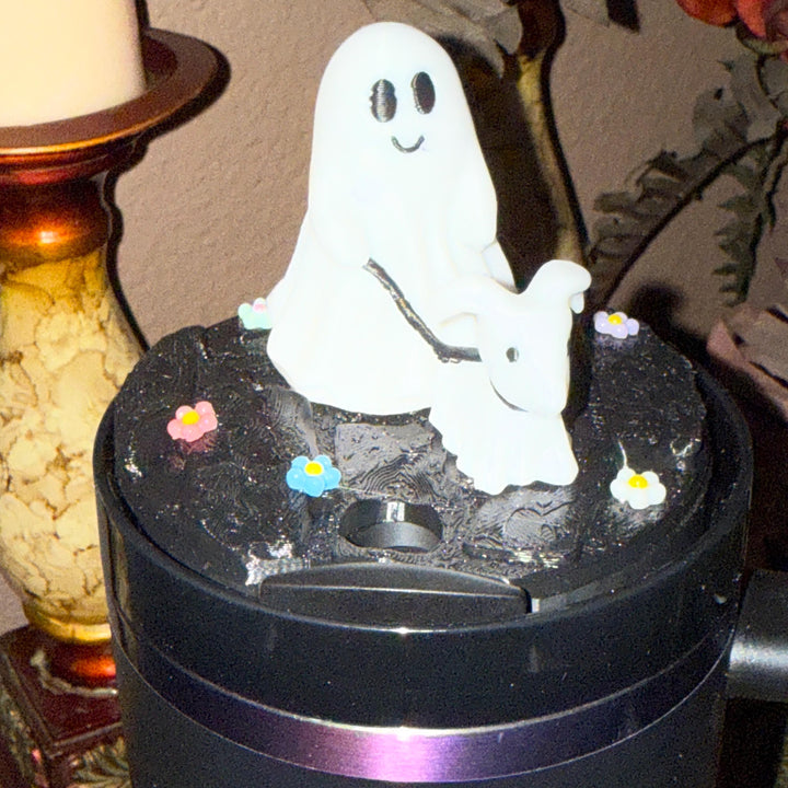 Halloween Cute Ghost Walking Dog Tumbler Topper, flowers, 3D Decorative Lid, unique gift spooky witchy vibes