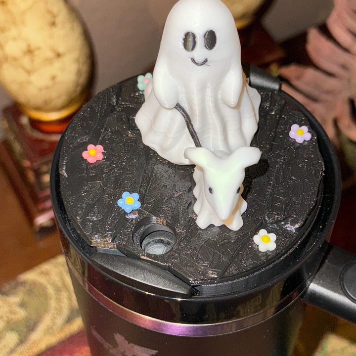 Halloween Cute Ghost Walking Dog Tumbler Topper, flowers, 3D Decorative Lid, unique gift spooky witchy vibes