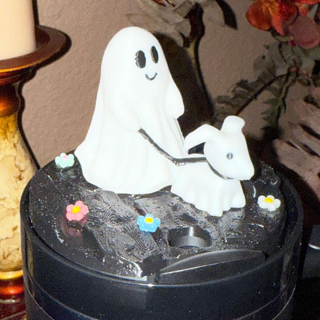 Halloween Cute Ghost Walking Dog Tumbler Topper, flowers, 3D Decorative Lid, unique gift spooky witchy vibes