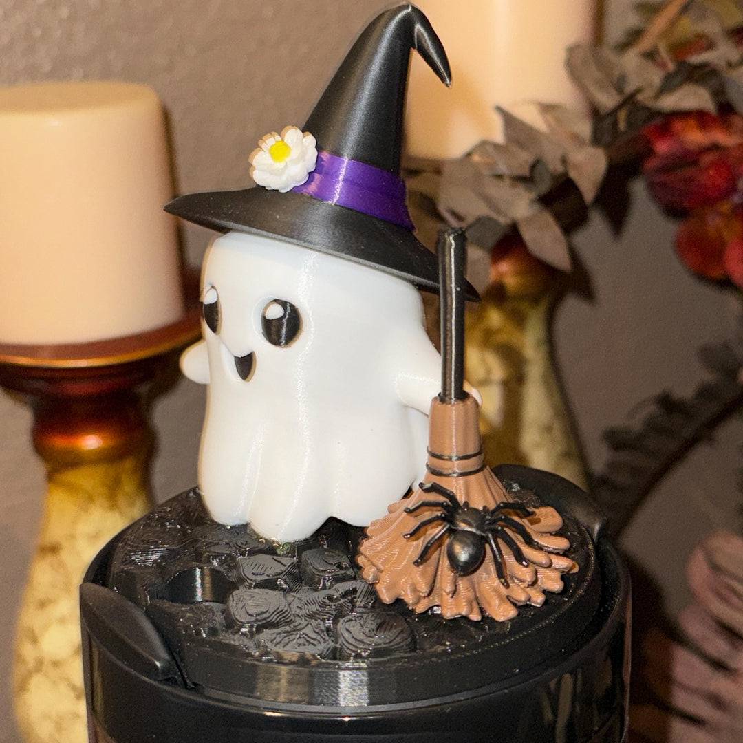 Halloween Cute Ghost Tumbler Topper, hat, broom, spider, 3D Decorative Lid, unique gift spooky witchy vibes