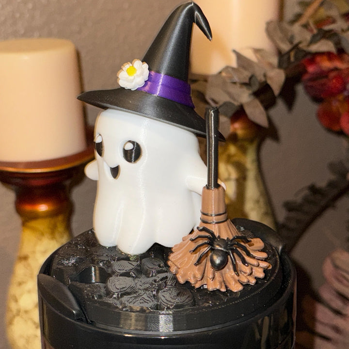 Halloween Cute Ghost Tumbler Topper, hat, broom, spider, 3D Decorative Lid, unique gift spooky witchy vibes