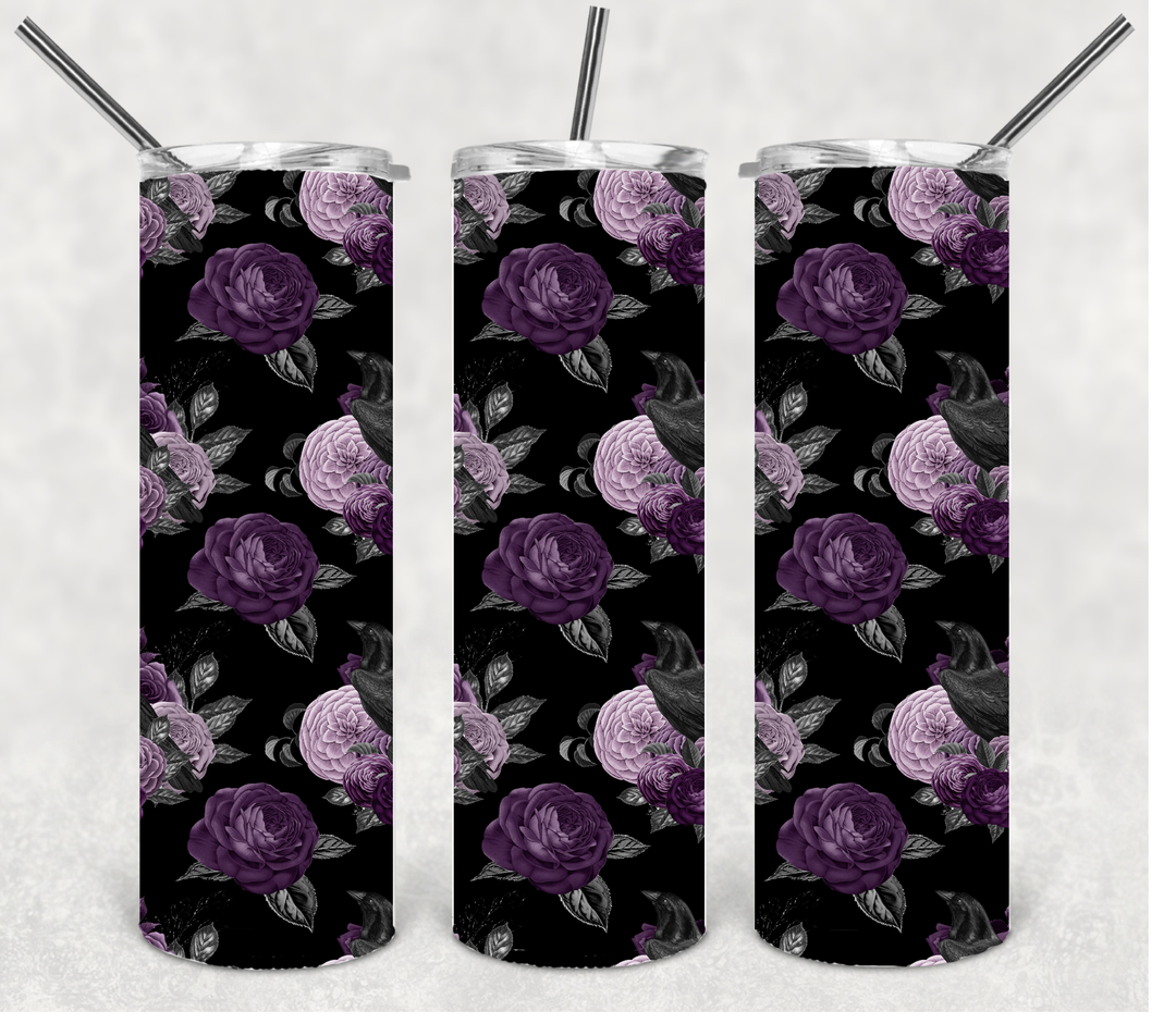 Black and Purple Flower Tumbler, Gother Flower Tumbler, 20 oz