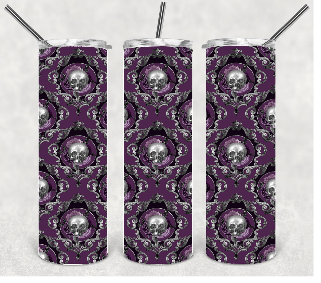 Black and Purple Skull and Flower Tumbler, Gothic Flower Tumbler, 20 oz