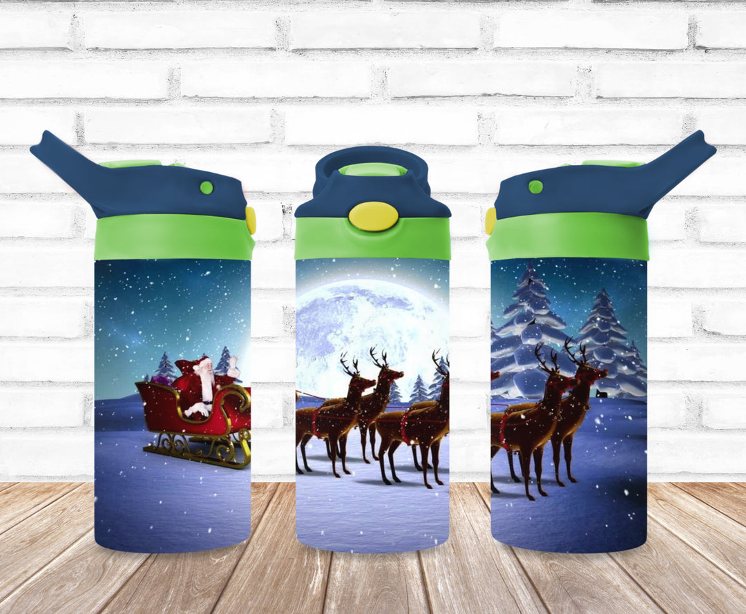 Kids Christmas Tumbler, Santa Sleigh, Kids Water Bottle, Kids FlipTop Cup, Kids Sippy Cup, Back To School Cup