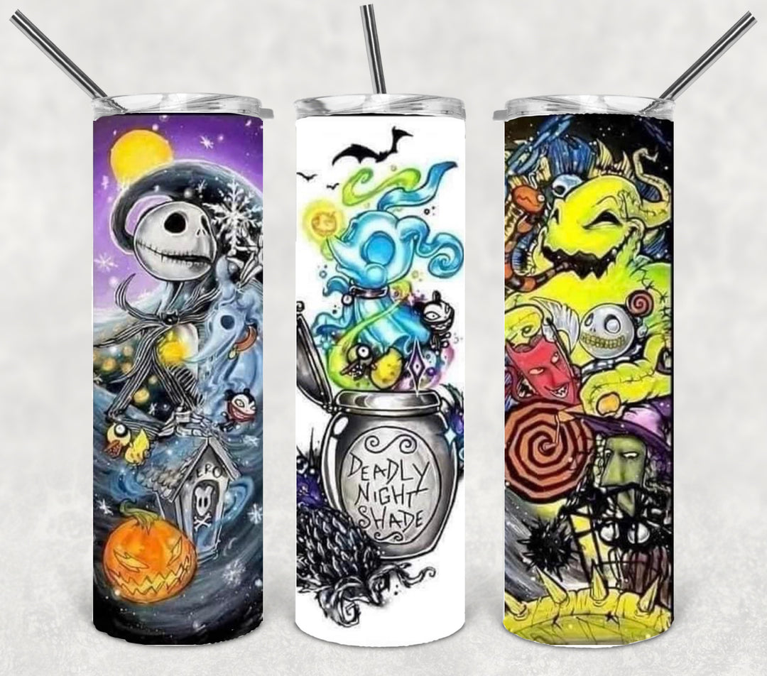 20 oz Tumbler, Halloween Themed Tumbler - Pumpkin Skelly Nightmare Scary Cartoon