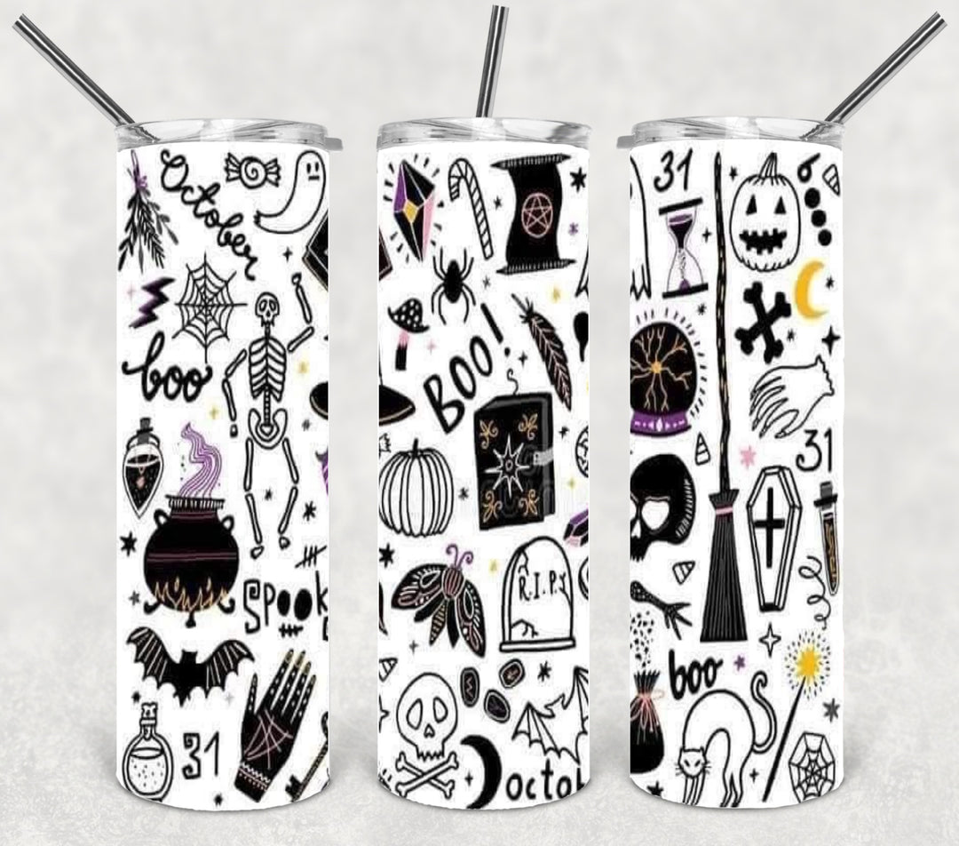 20 oz Tumbler, Halloween Themed Tumbler - Witches Skeleton Boo Pumpkin Broom