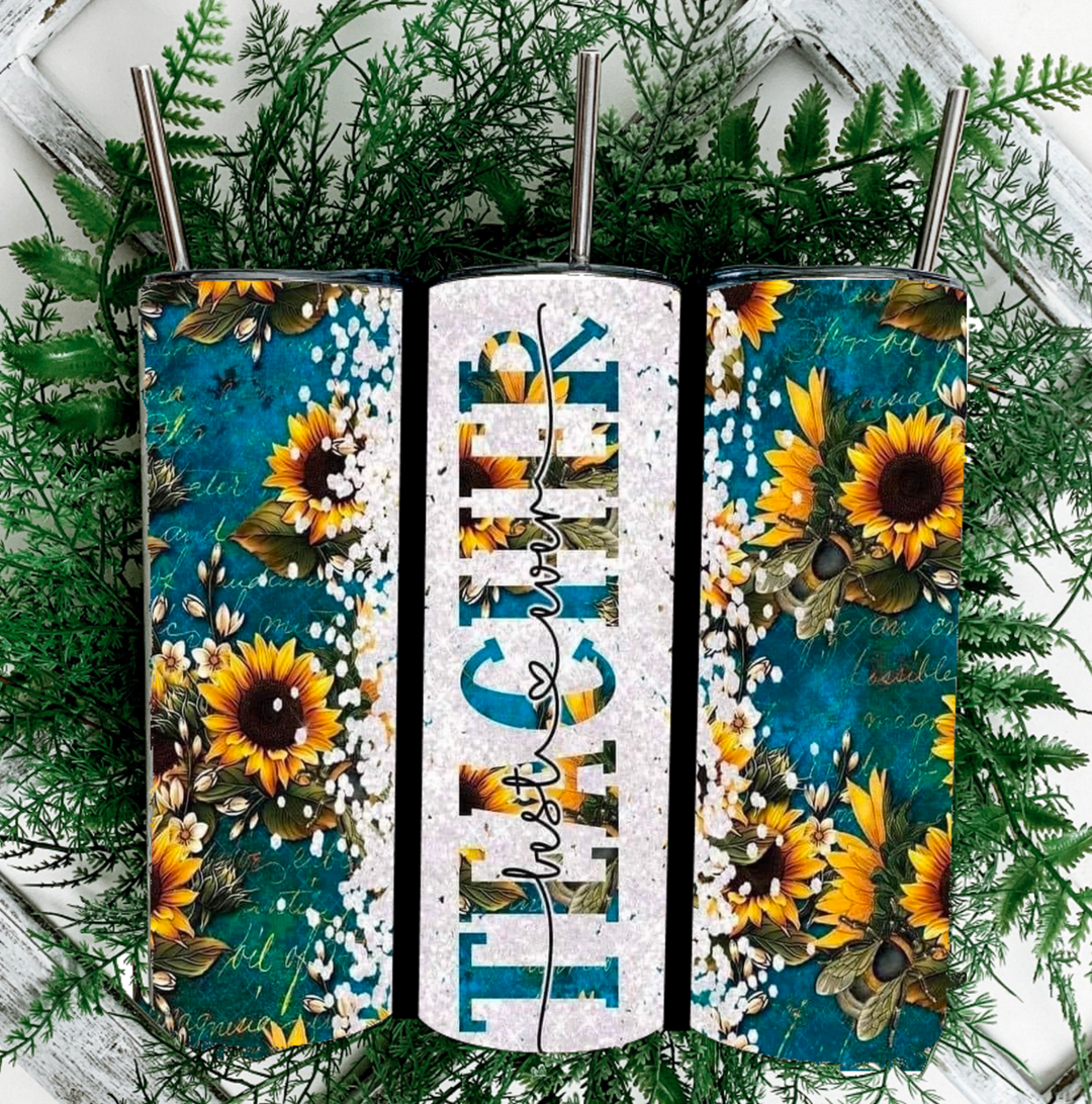 20 oz Tumbler - Teacher Gift - Sunflowers and Teal - Best Ever Teacher