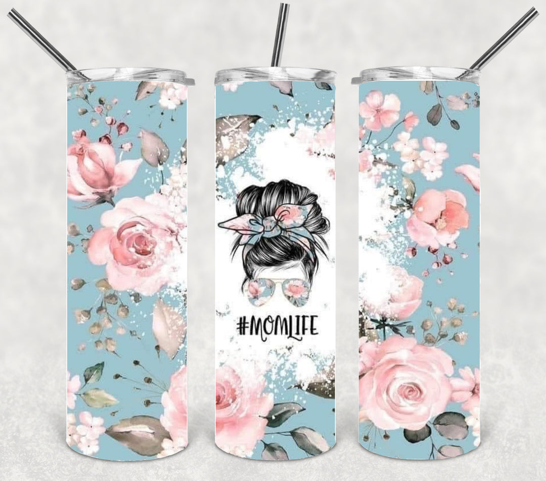 20 oz Skinny Tumbler - "MAMA"designs momlife tumbler pink and blue flowers