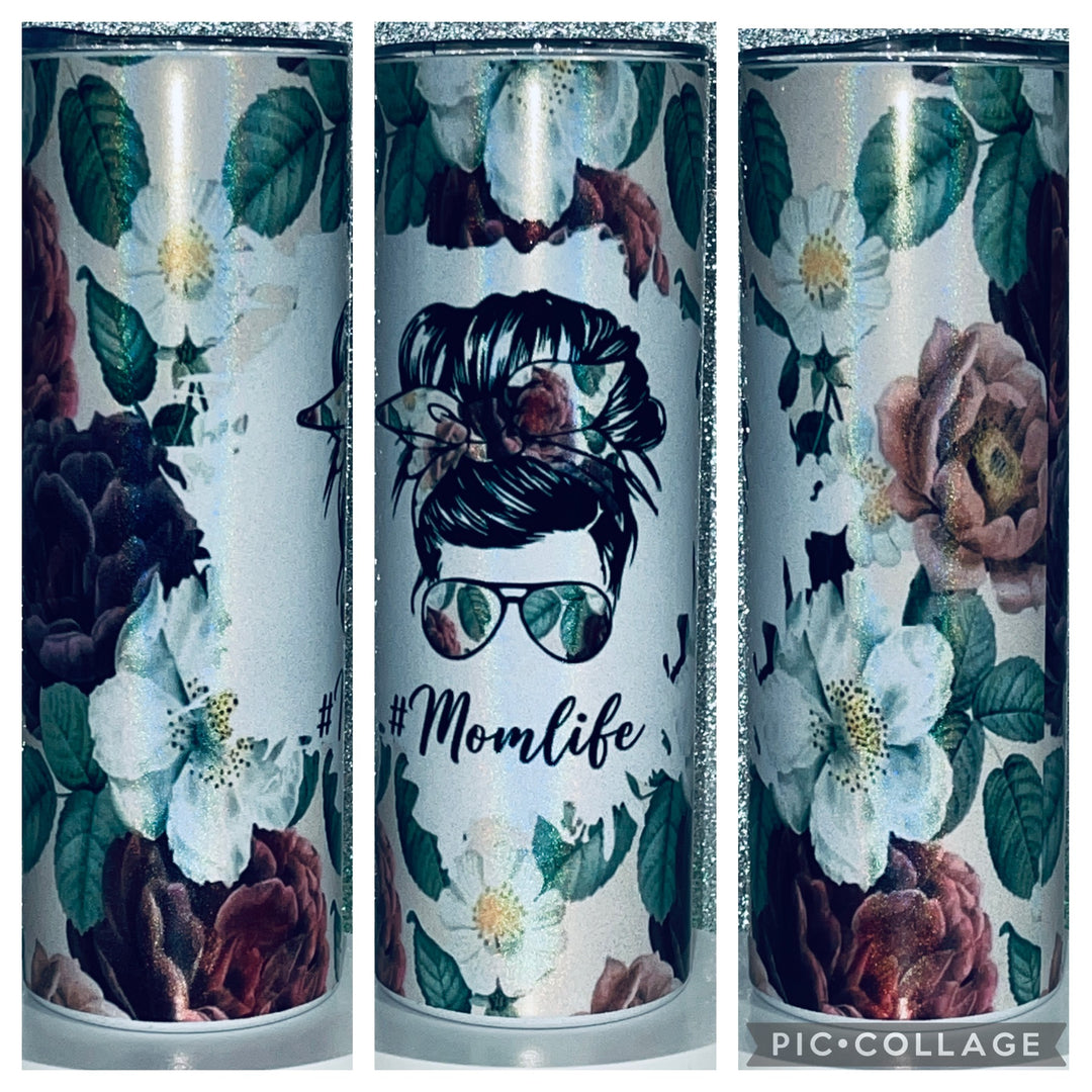 20 oz Tumbler - #MomLife Burgundy and Pink Flowers
