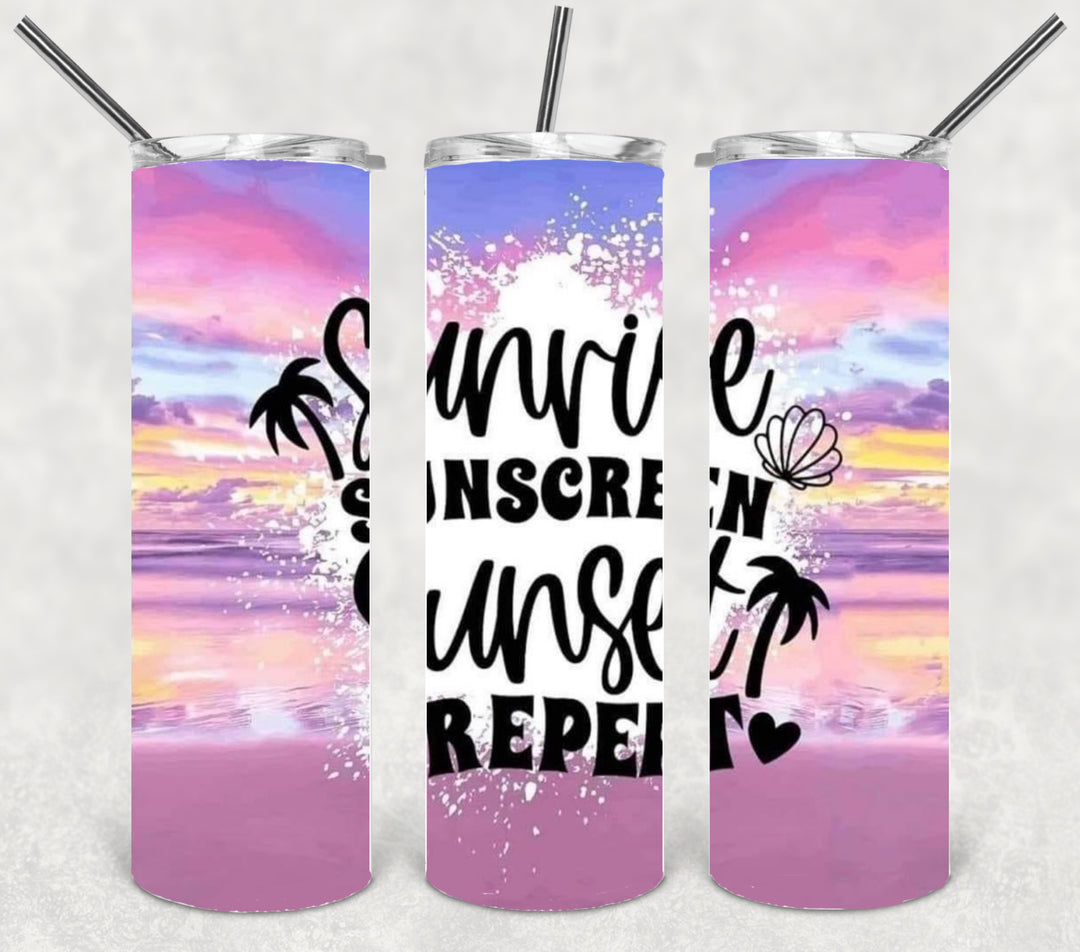 20 oz Skinny Tumbler - Beach Summer Theme - Sunrise Sunscreen Sunset Repeat