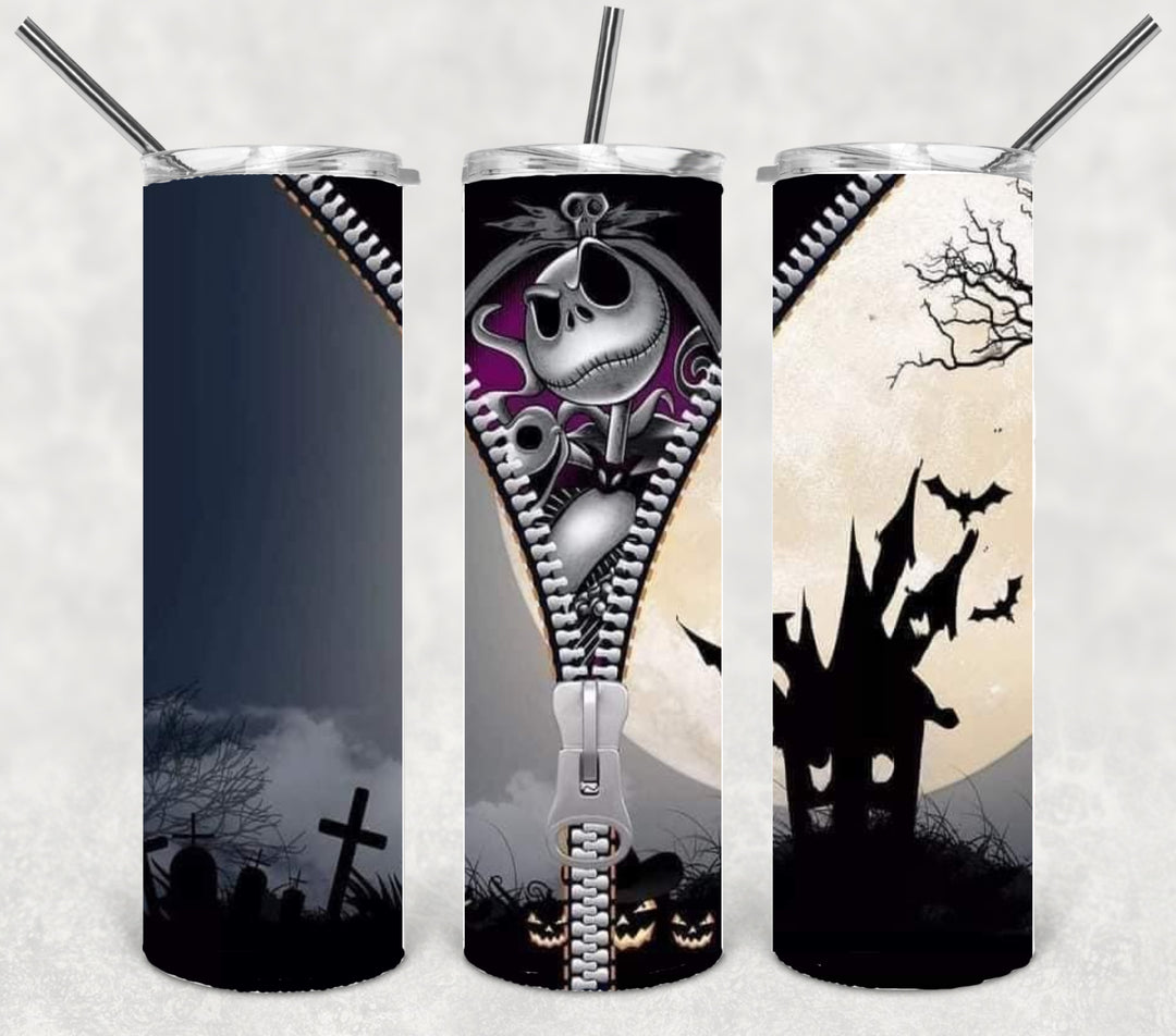20 oz Tumbler, Halloween Themed Tumbler - Pumpkin Skelly Nightmare Scary Cartoon
