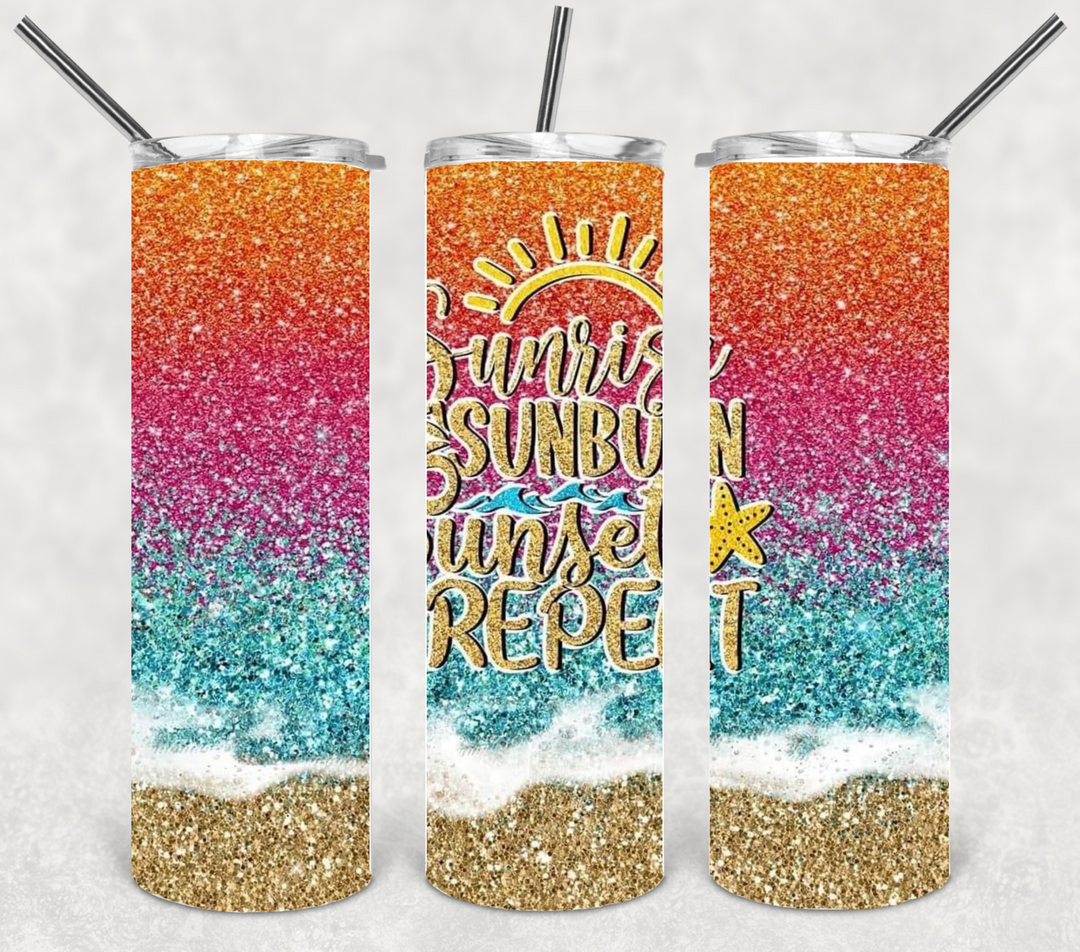 20 oz Skinny Tumbler - Beach Theme - Sunrise Sunburn Sunset Repeat