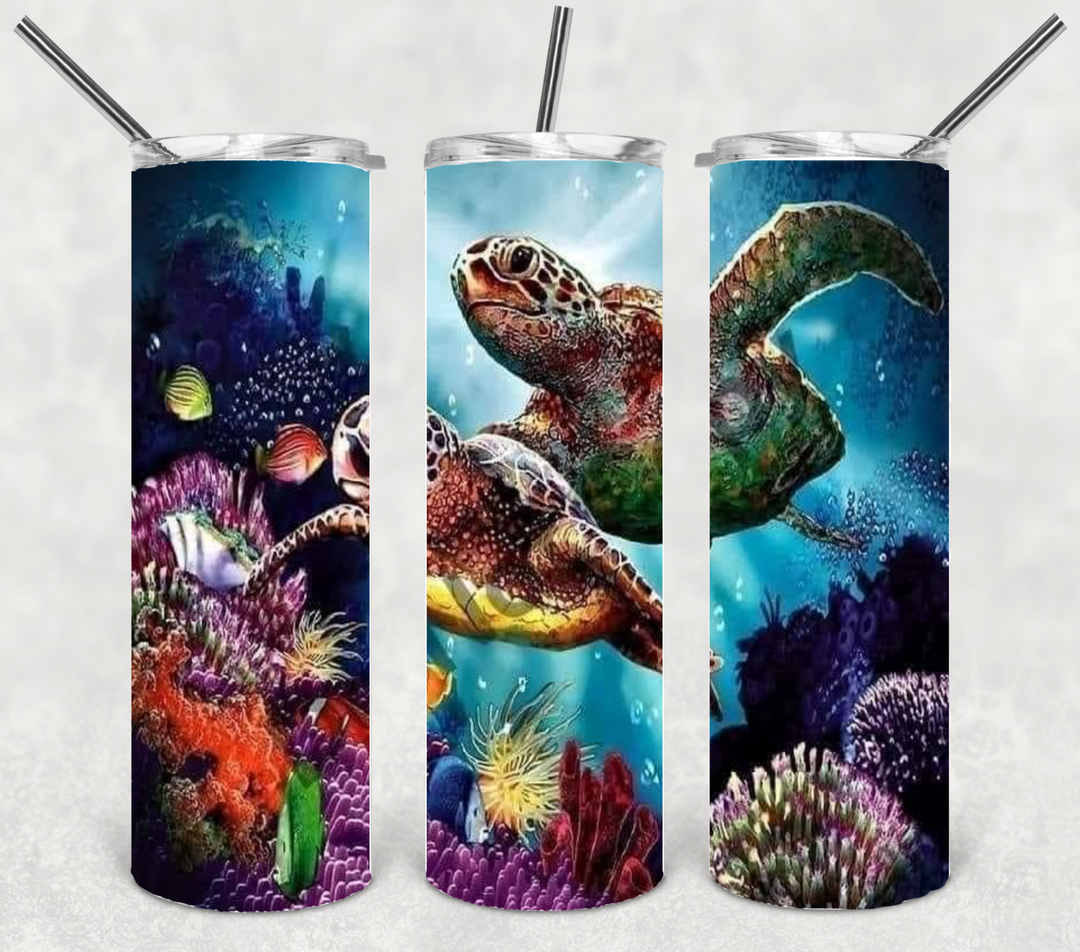 20 oz Skinny Tumbler - Beach Theme - Under the Sea Turtles