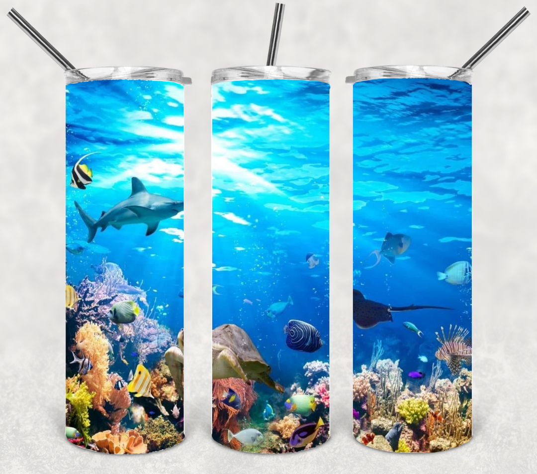 20 oz Skinny Tumbler - Beach Theme - Under the Sea Sharks
