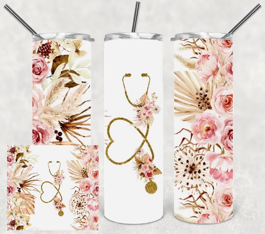 20 oz Tumbler - Nurse Tumbler - nurselife - floral stethescope