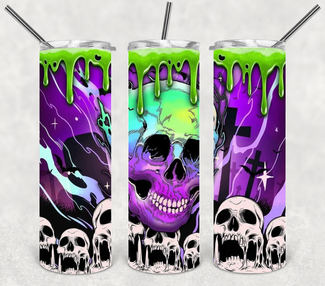 20 oz Tumbler, Halloween Themed Tumbler - Skulls and Green Drips