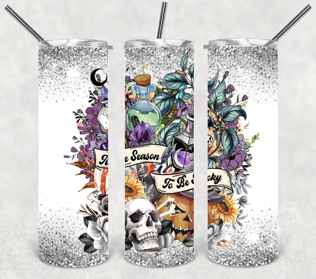 20 oz Tumbler, Halloween Themed Tumbler - Tis the Season to be Spooky Potions Jewels Skulls