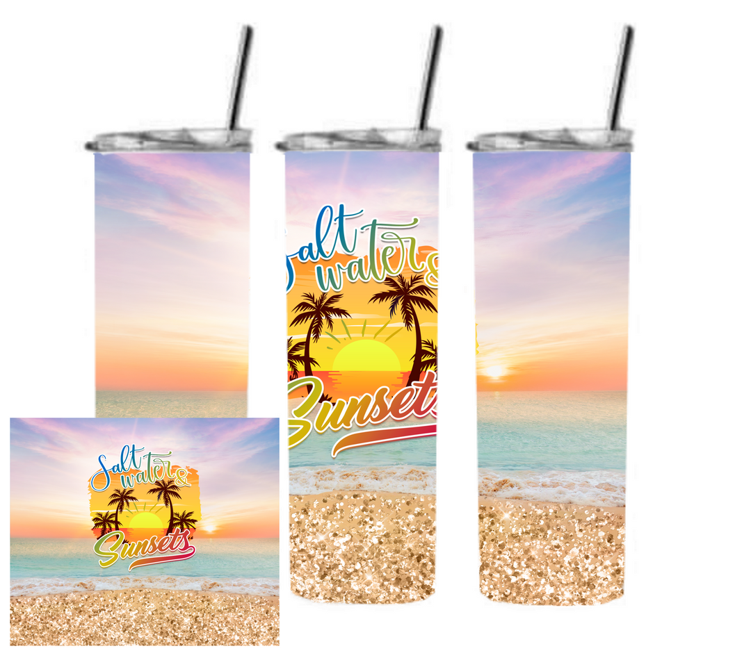 20 oz Skinny Tumbler - Beach Theme - Beachlife - Saltwater Sunset
