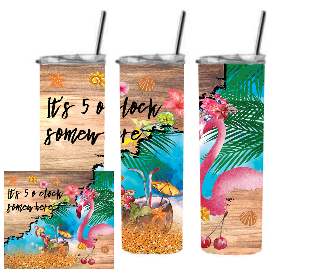 20 oz Skinny Tumbler - Beach Theme - Beachlife - Five O'Clock Somewhere