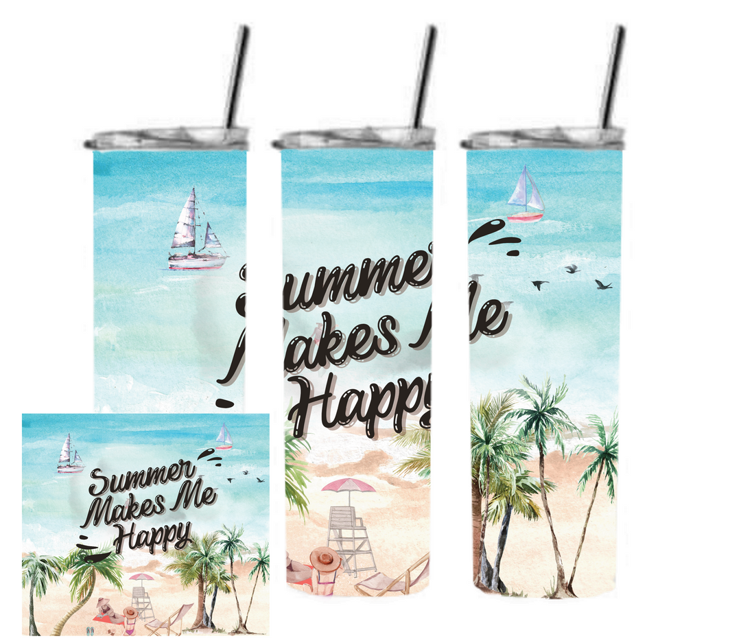 20 oz Skinny Tumbler - Beach Theme - Beachlife - Summer Makes Me Happy