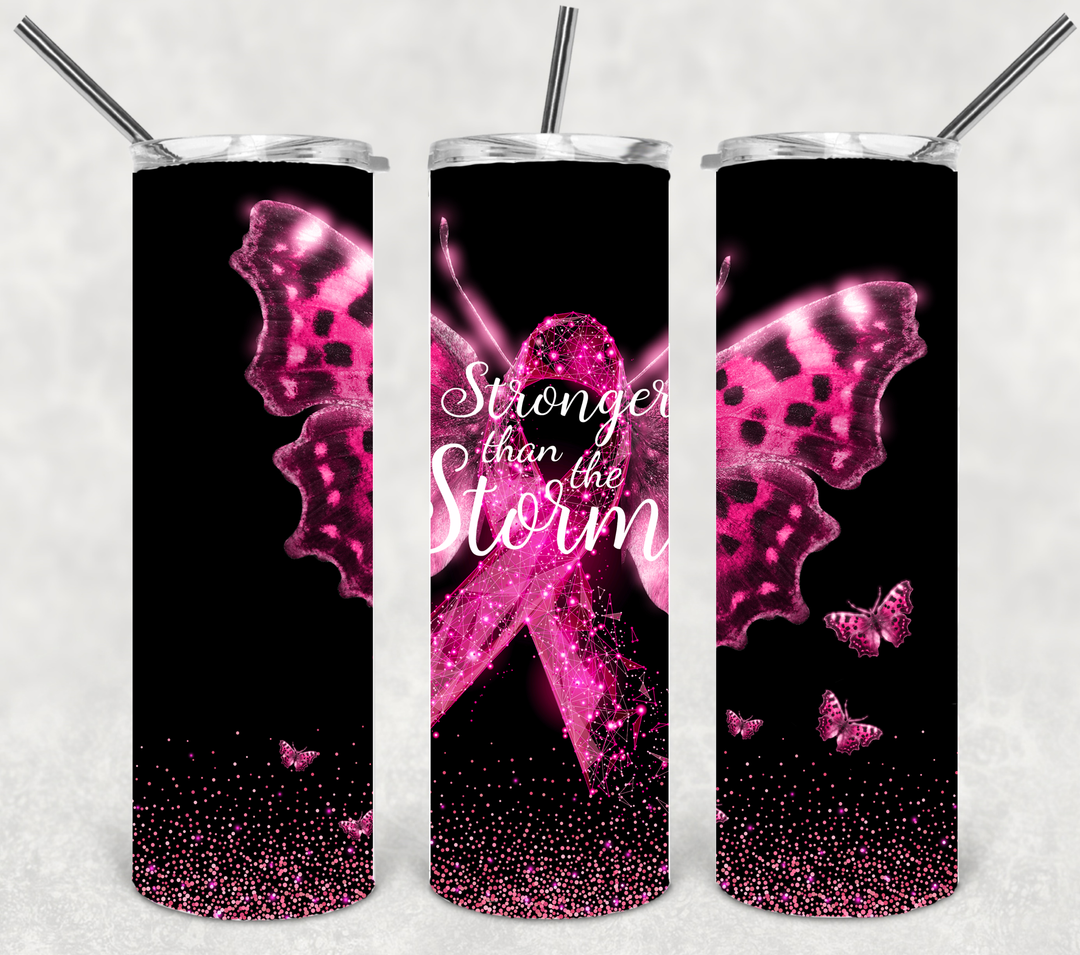 Breast Cancer Tumbler, Breast Cancer Awareness, Stronger than The Storm Butterfly