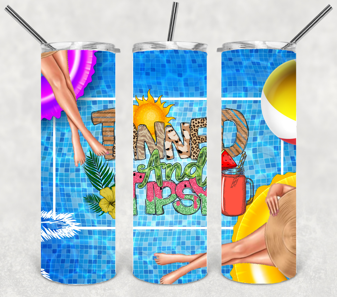 Stainless Steel Tumbler - Beach Summer Theme - Tanned and Tipsy - 20 oz skinny