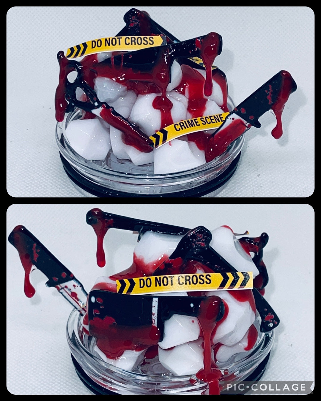 Crime Scene Tumbler with Blood Dripping Knives Tumbler Lid Combo, Halloween Horror Slasher Movie CSI Topper 3D Decorated lid