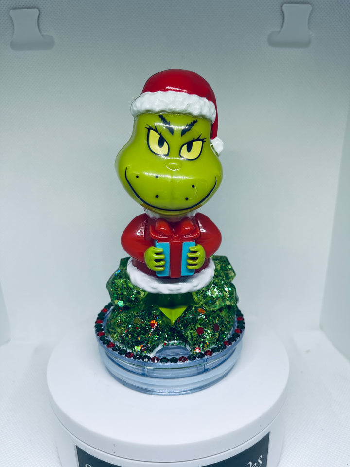 Whimsicle bobble head Grinchy Christmas themed tumbler topper lid, bobble head topper, 3D Decorative Lid