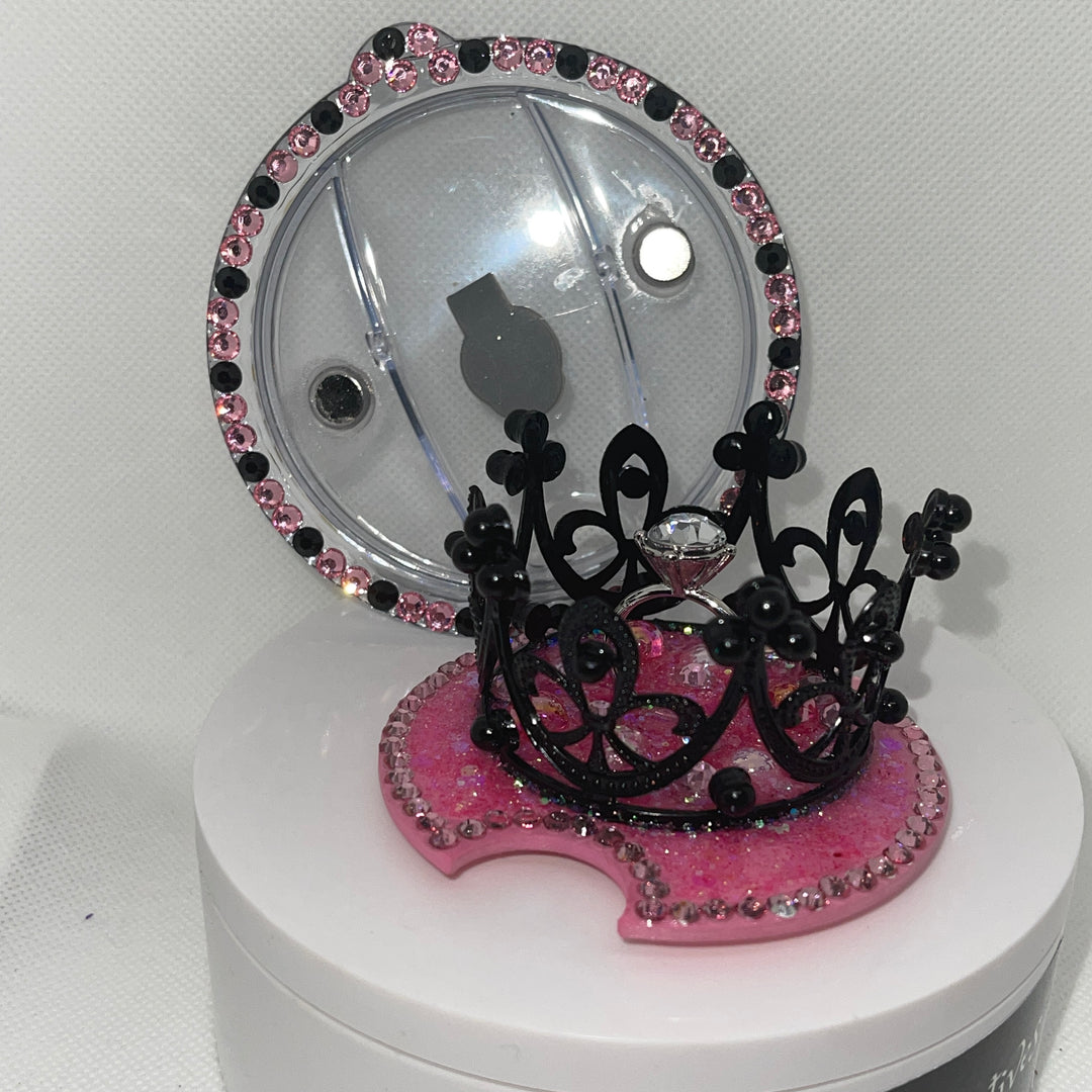 Custom Bling Black crown topper with Engagement Ring and pink accents, unique gift