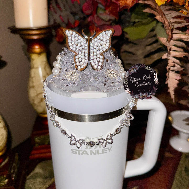 Butterfly Rhinestone Tumbler Topper with Butterfly Chain Embelishment, Rhinestone Butterflies Rhinestone Bling Rhinestone Tumbler Topper