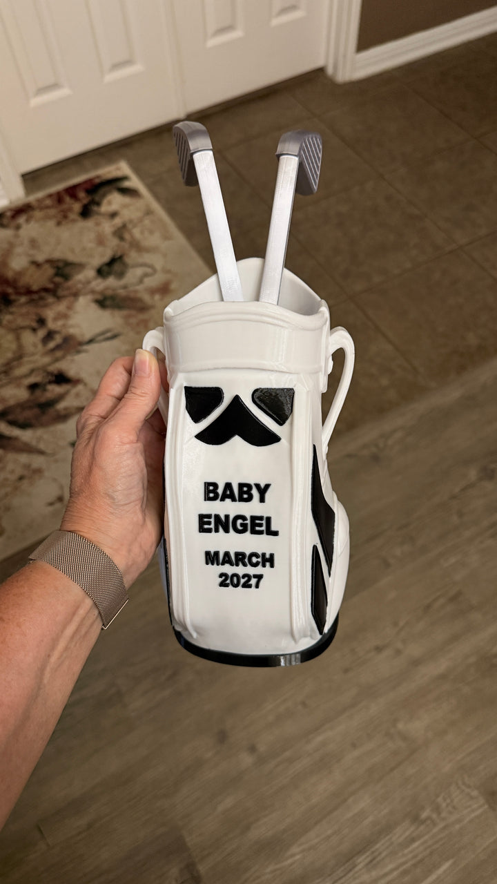 CUSTOM  3D printed golf club bag vase, personalized, with two printed silver clubs