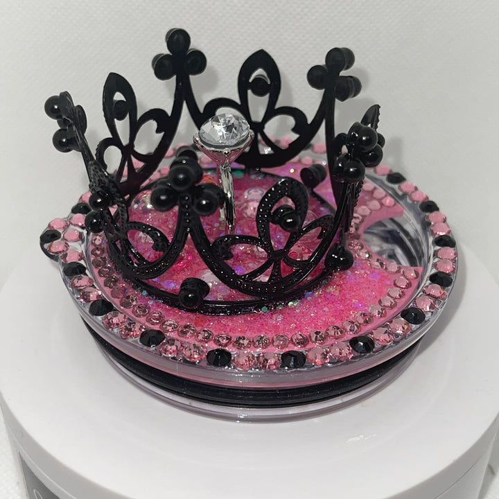 Custom Bling Black crown topper with Engagement Ring and pink accents, unique gift