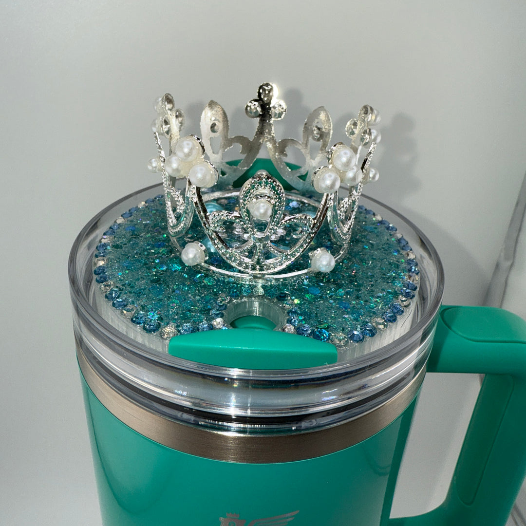 Mint Blue Rhinestone Royal Princess Accessory Collection for Stanley tumblers with options for a Princess Crown Topper, Royal Halo Lid Band and more 💎