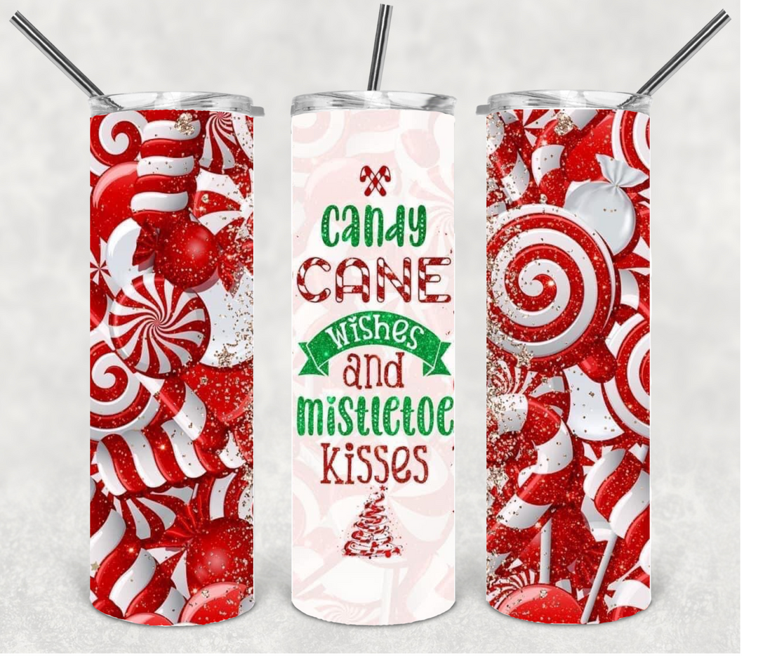 Candycane Wishes and Mistletoe Kisses Christmas Tumbler, 20 oz Skinny Tumblers