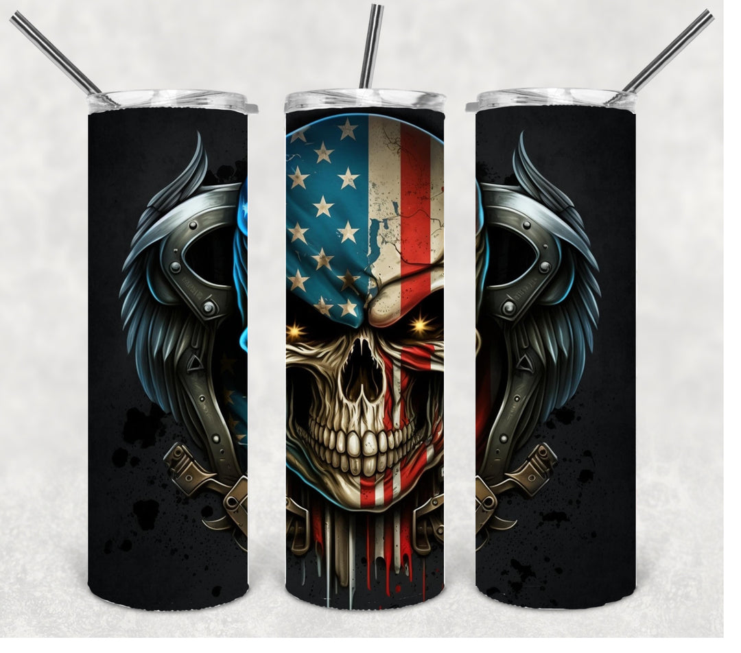 Patriotic Skull Tumbler, Skull with Wings, Skull with Flag