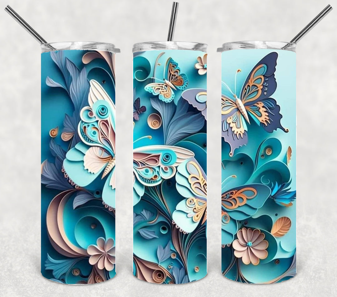 3D Vibrant Flower and Butterfly Tumbler, 3D Flowers and Butterflies Tumbler, 3D Tumbler, 20 oz Skinny Tumbler