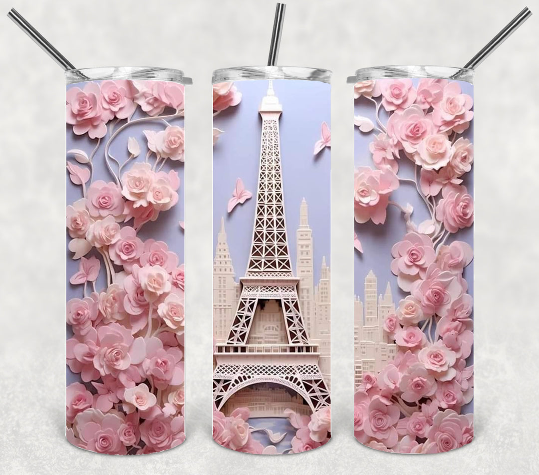 Paris 3D Flower Tumbler, Eifel Tower, Flower Tumbler, 3D Tumbler, 20 oz Skinny Tumbler