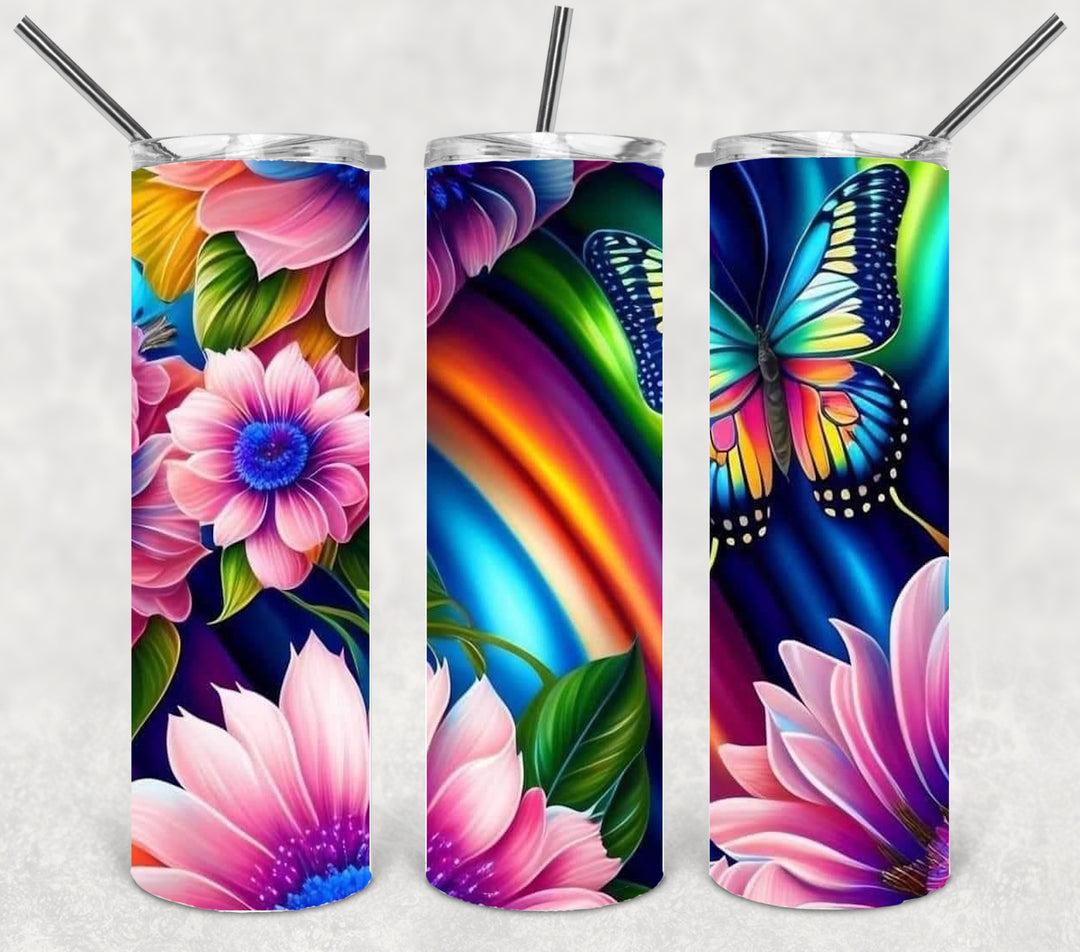 3D Vibrant Flower and Butterfly Tumbler, 3D Butterflies and Flowers, 3D Tumbler, 20 oz Skinny Tumbler