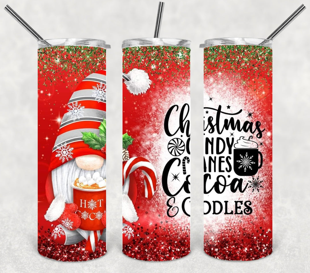 Candycanes Cocoa and Cuddles Christmas Tumbler, Christmas Tumbler, 20 oz Skinny Tumblers