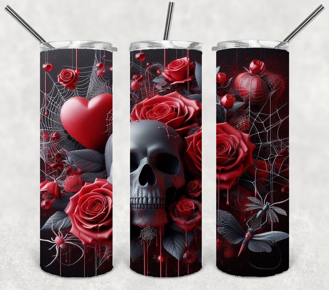 Valentine's Halloween Tumbler, 3D Rose Heart Spider Skull Tumbler, 20 oz Tumbler
