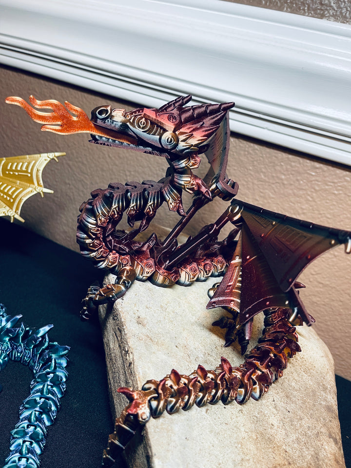 Mech Dragon, Articulated 3D Printed Dragon, Fire Breathing Dragon, Flexible 3D Dragon Figure Sculpture