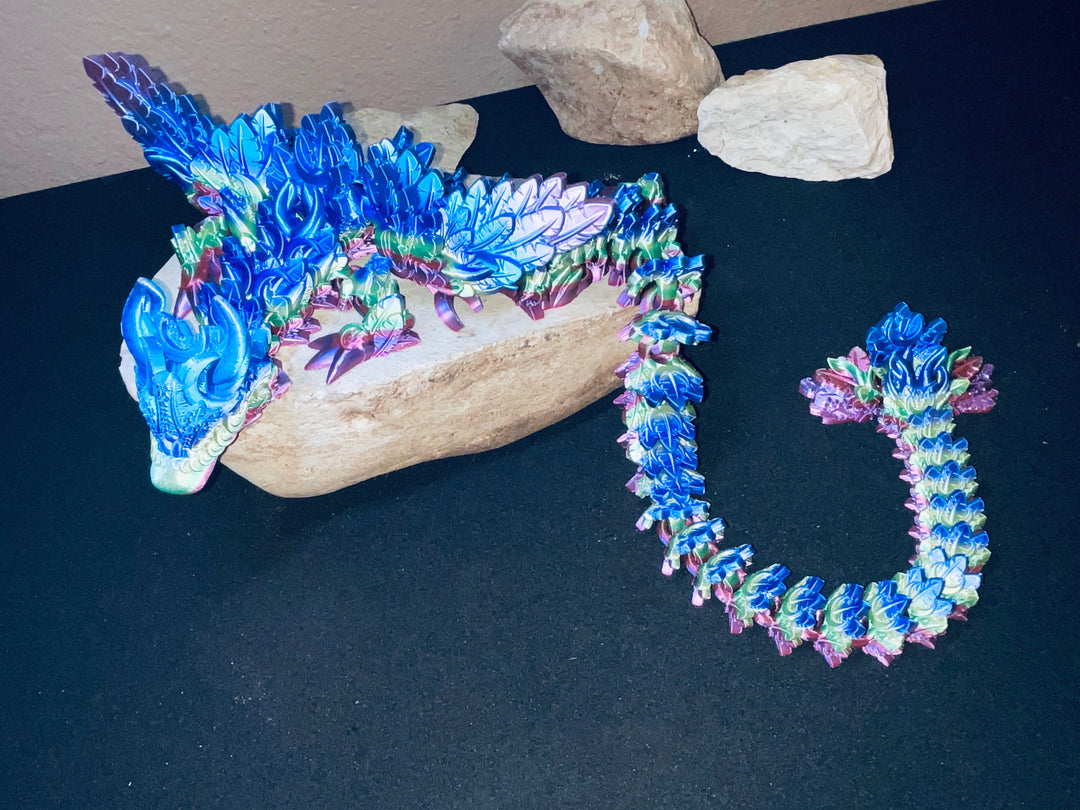 Lunar Dragon XL, Lunar Crystal Articulated 3D Printed Dragon, Crystal Dragon, Flexible 3D Dragon Figure Sculpture, Cinderwing Dragon