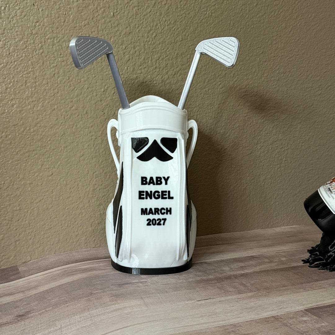 CUSTOM  3D printed golf club bag vase, personalized, with two printed silver clubs