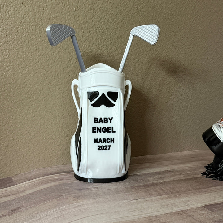 CUSTOM  3D printed golf club bag vase, personalized, with two printed silver clubs